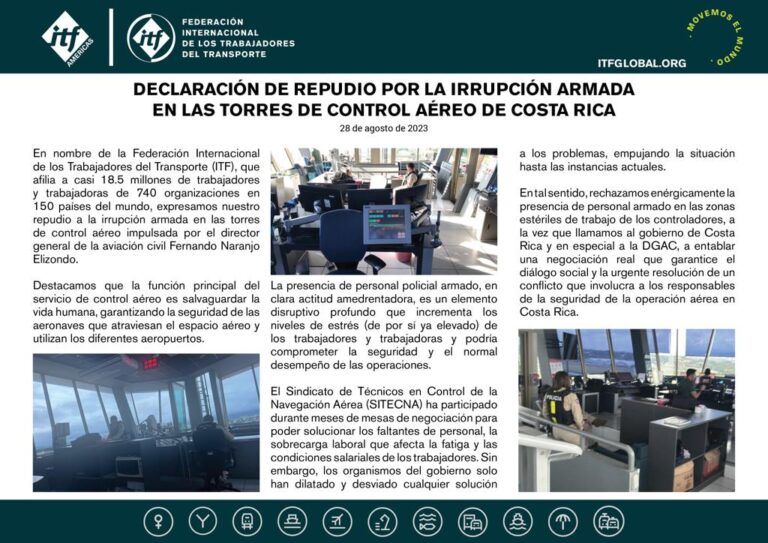 Costa Rica: ITF repudió el ingreso de personal policial armado en torres de control aéreo
